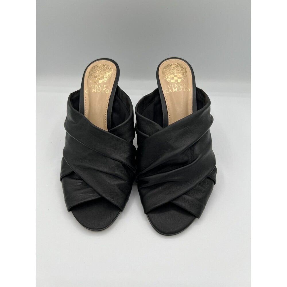 VINCE CAMUTO Clarstie Peep Toe Black Leather Stiletto Heels Sandals 6M